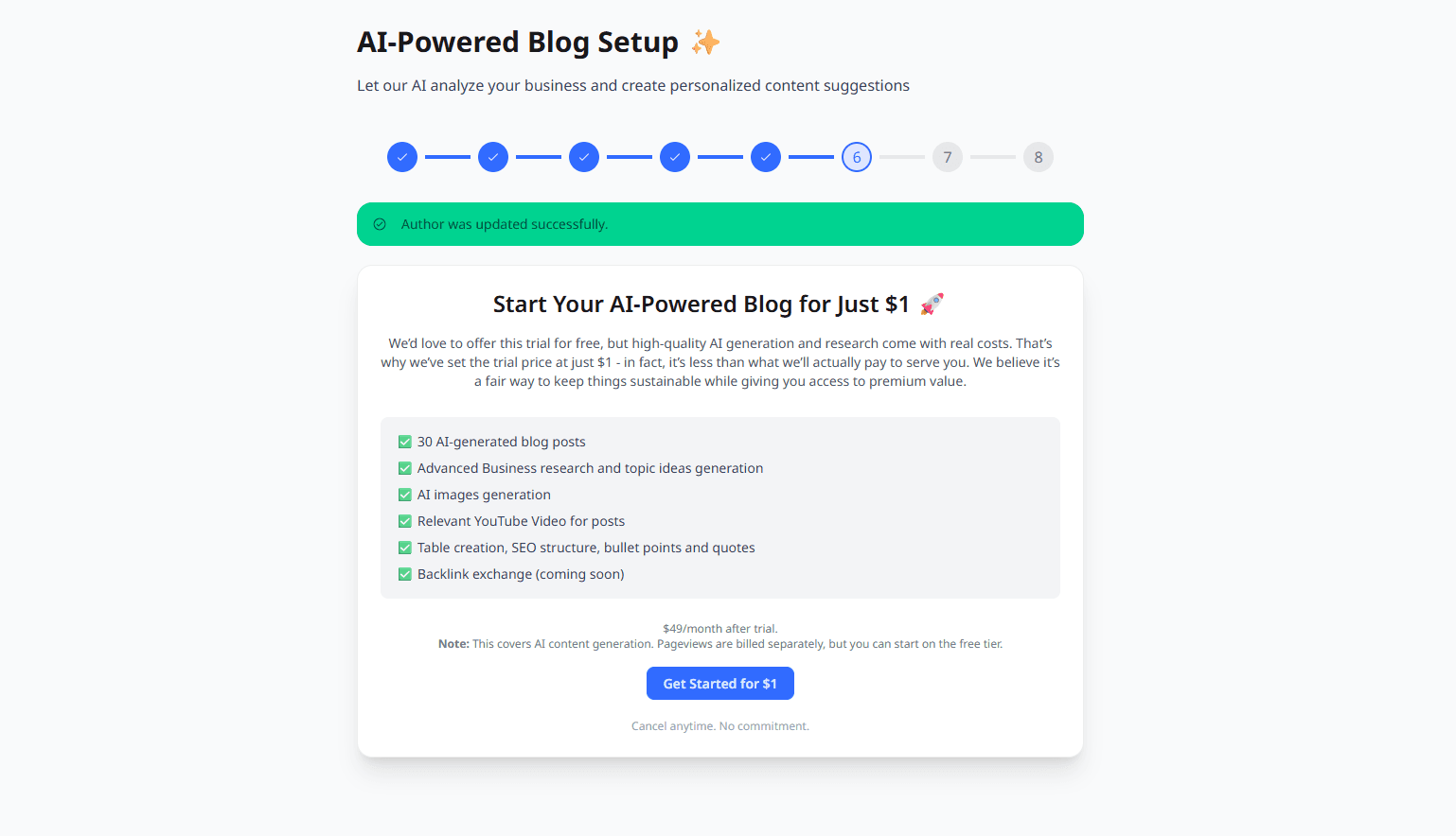 AI-Powered Blog Setup interface showing progress steps and form fields